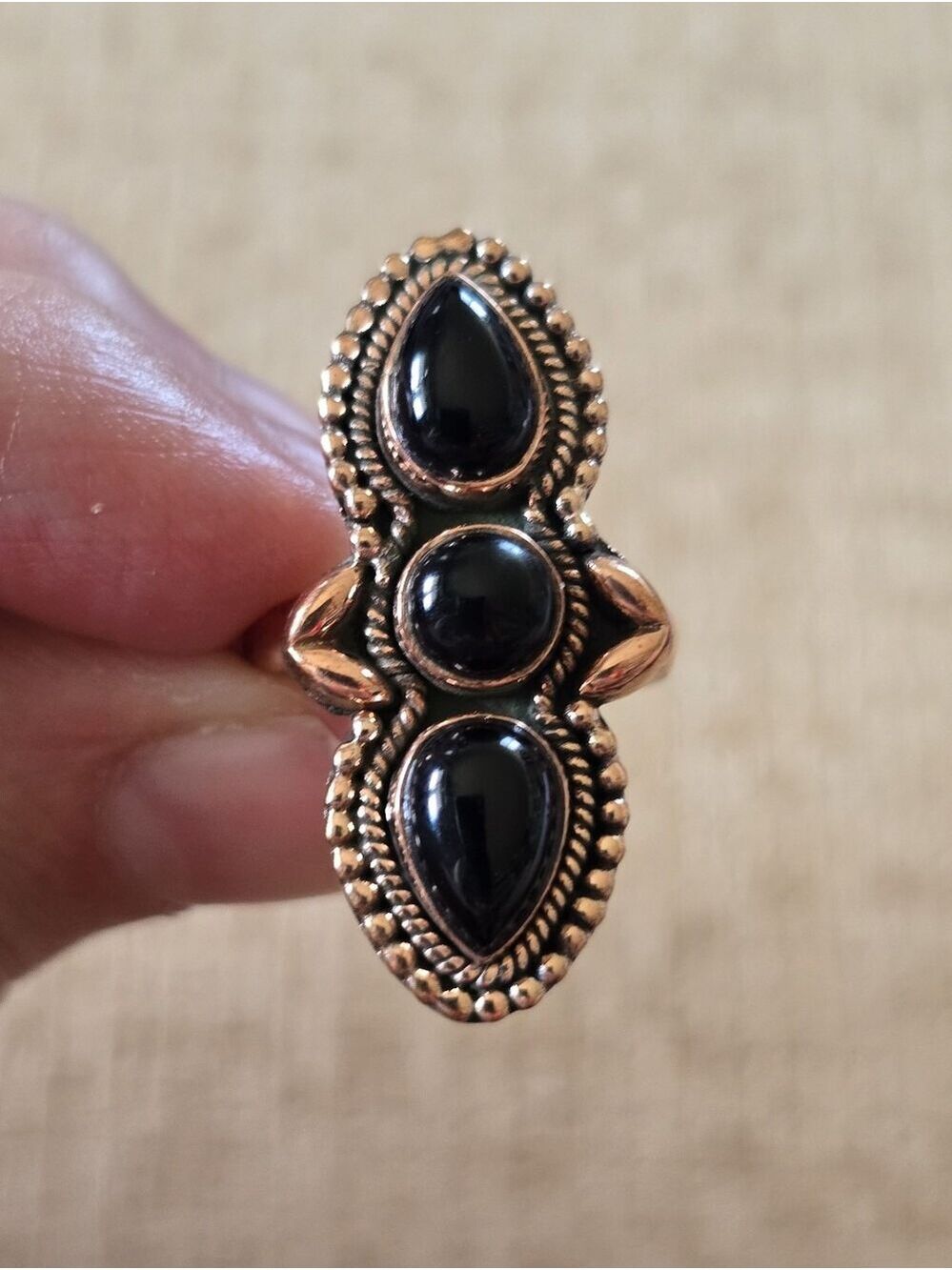 Triple Stone Onyx Ring In Copper, Southwestern